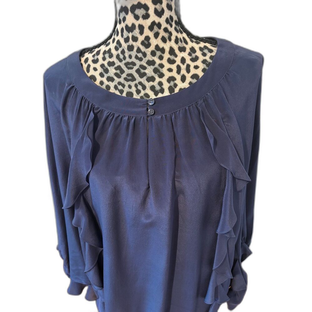 BCBG Max Azria 100% Silk Navy Ruffled Cape Batwing Sleeves Quiet Luxury One Size